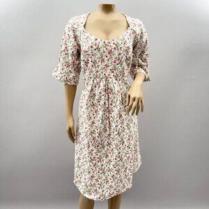 Vintage Handmade Floral Dress White & Pink Pleated Cottage Garden Scoop S/M